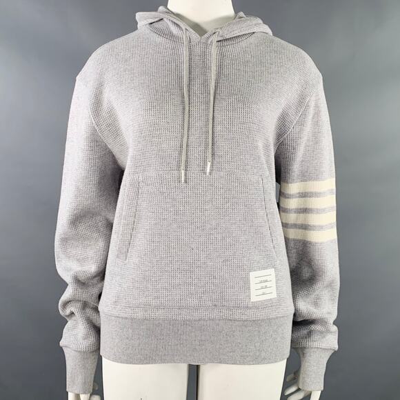 THOM BROWNE Size XL Grey Cream Cashmere Wool Waffle Hoodie Casual Top - Picture 1 of 9